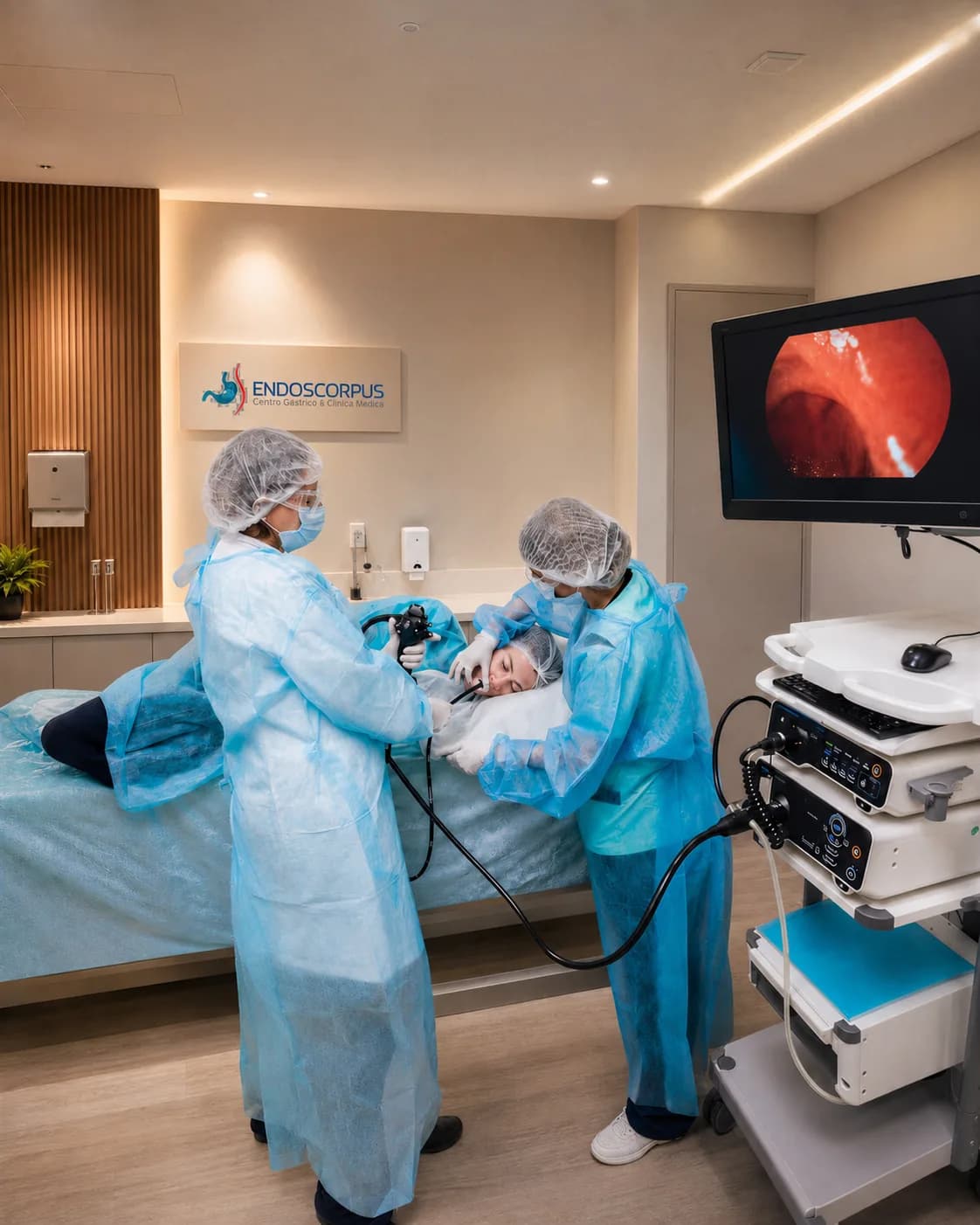 Equipe realizando colonoscopia na Endoscorpus